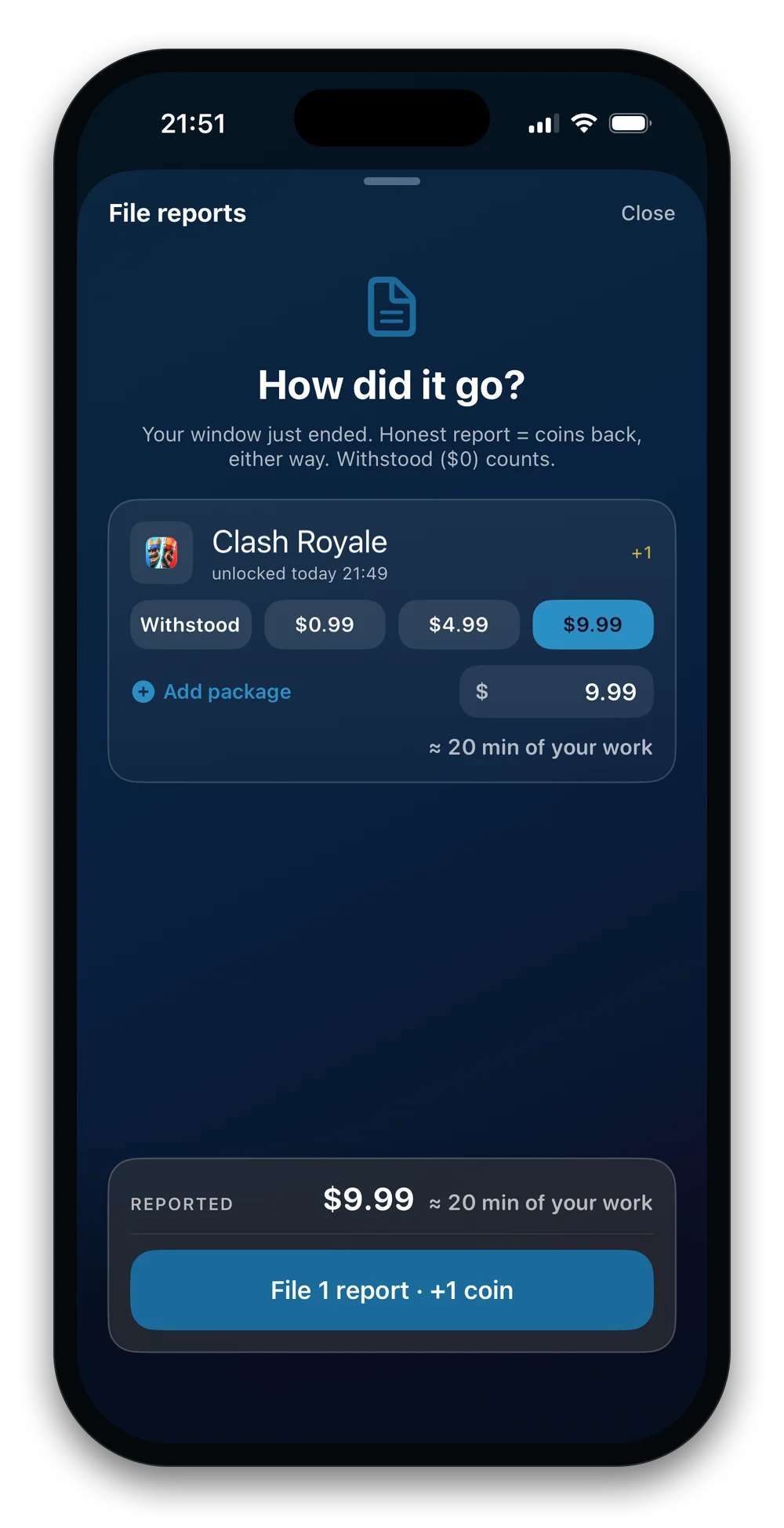 Filing a report earns coins back: the accountability loop pays you