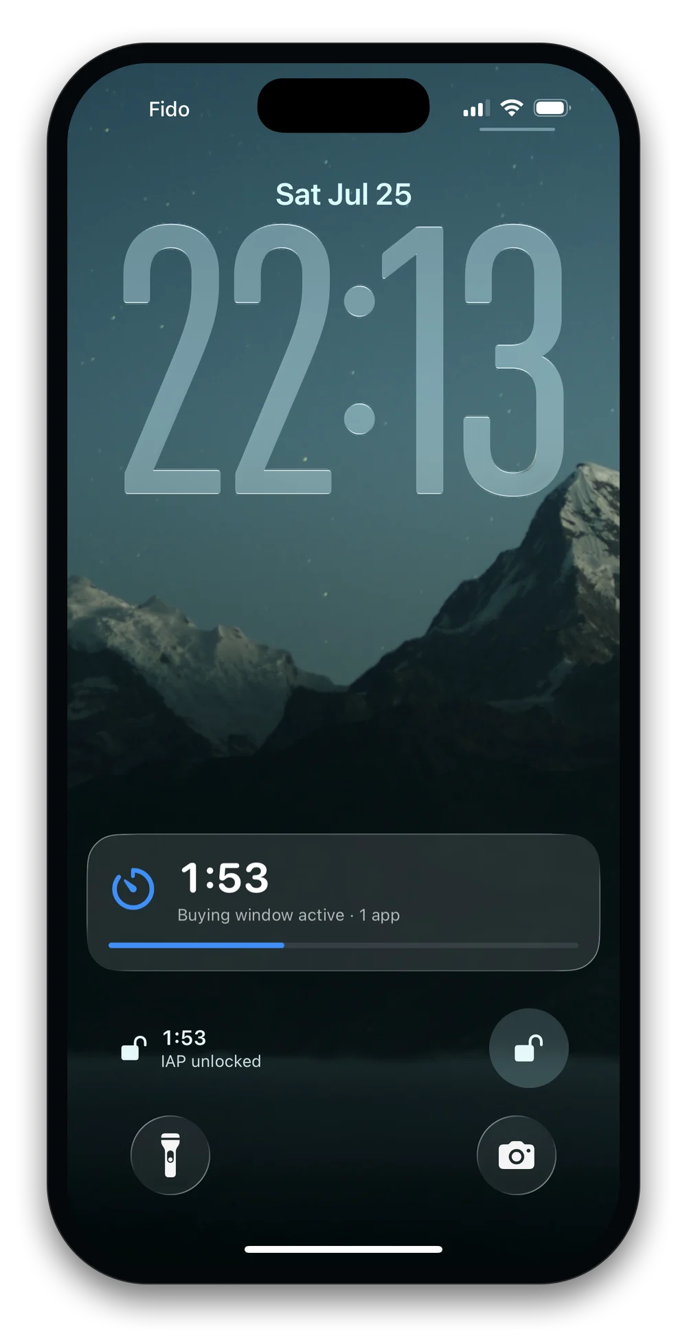 A buying-window countdown on the Lock Screen and Dynamic Island
